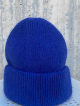 Beanie hat with blue angora wool